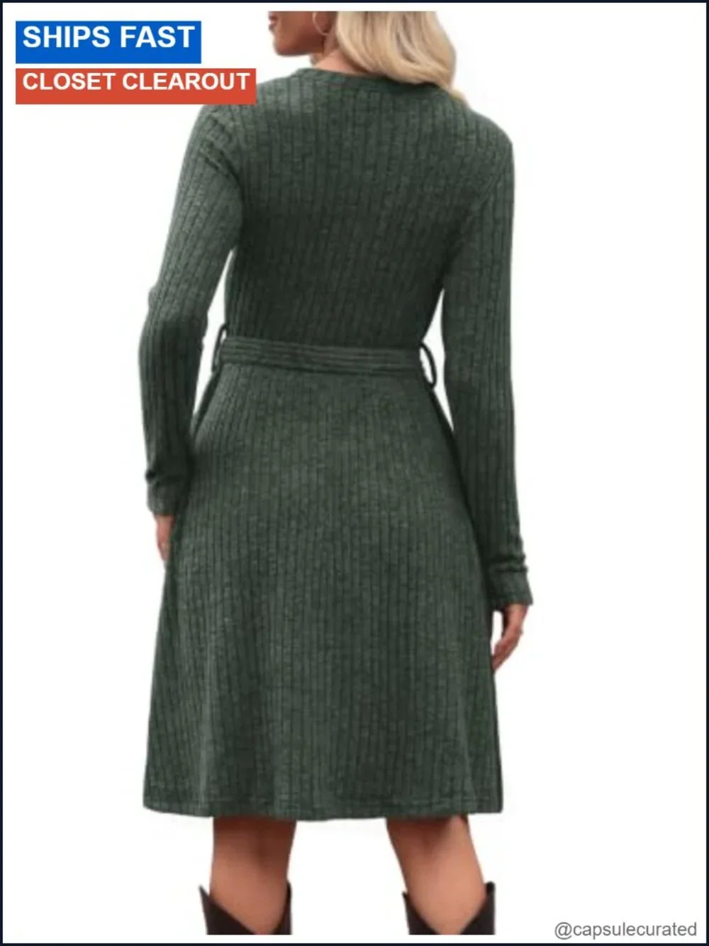 Women's Long Sleeve Sweater Dress with Pockets Crew Neck Midi A-Line Sash